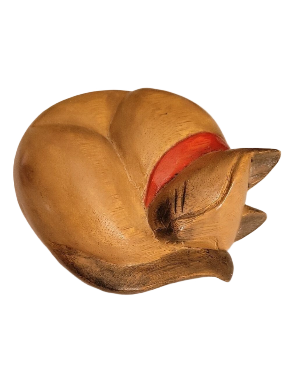 Vintage Hand-Carved Wooden Sleeping Cat Figurine - MCM Siamese Cat Sculpture